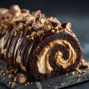 A full view of the Peanut Butter Cup Chocolate Roll, covered in glossy chocolate ganache and ready to be sliced, sitting on a rustic wooden board.