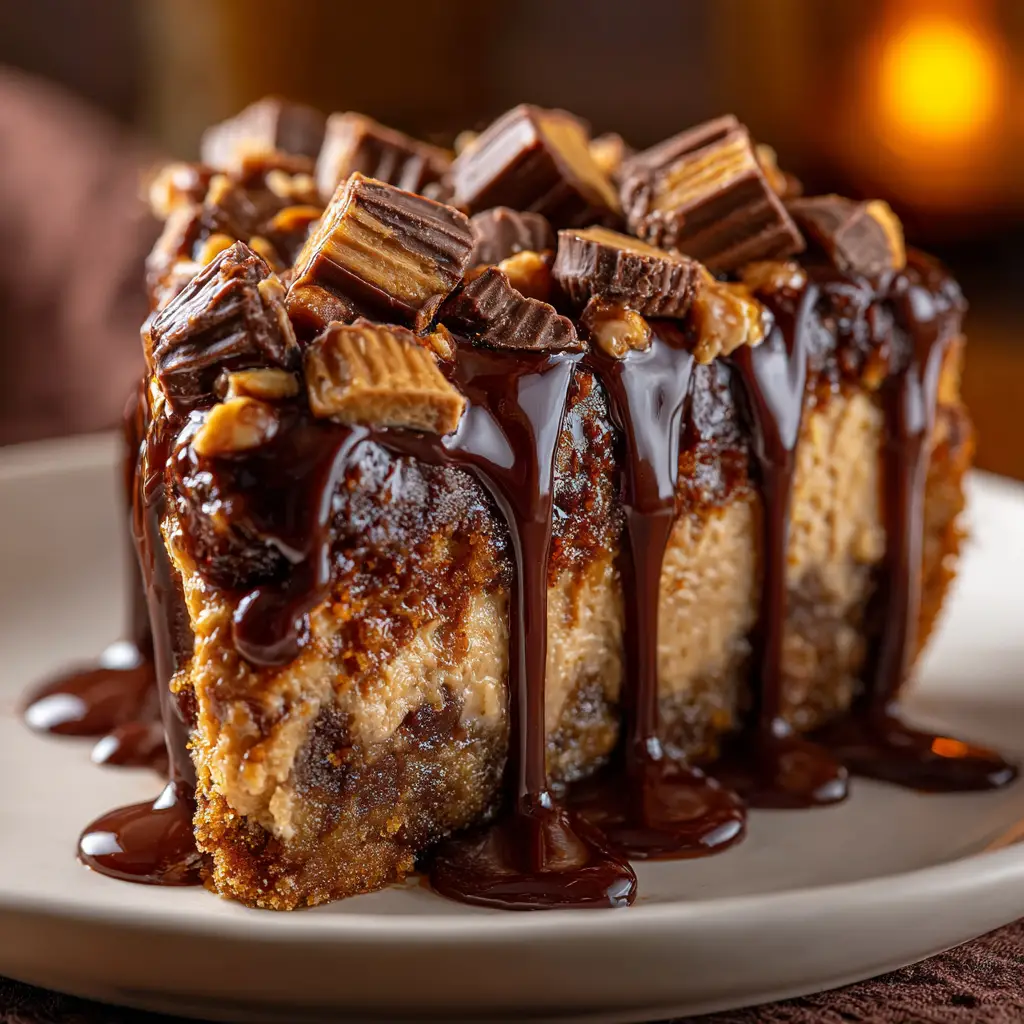 The layers of the easy cake mix dessert, with peanut butter cups on the bottom and a rich chocolate topping.