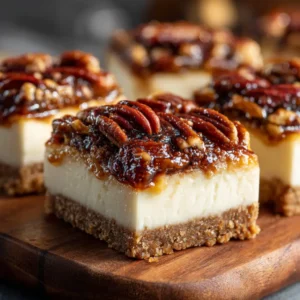 An extreme close-up of a pecan pie cheesecake bar, highlighting the creamy cheesecake layer sandwiched between the crust and the caramel pecan topping.