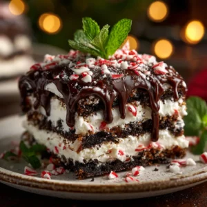 An extreme close-up of the creamy peppermint filling and Oreo cookie layers in the no-bake holiday cake, highlighting the texture.