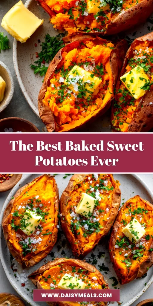A perfectly baked sweet potato sliced open with steam rising, topped with a pat of melting butter, ready to be eaten. The ultimate guide to baked sweet potatoes.
