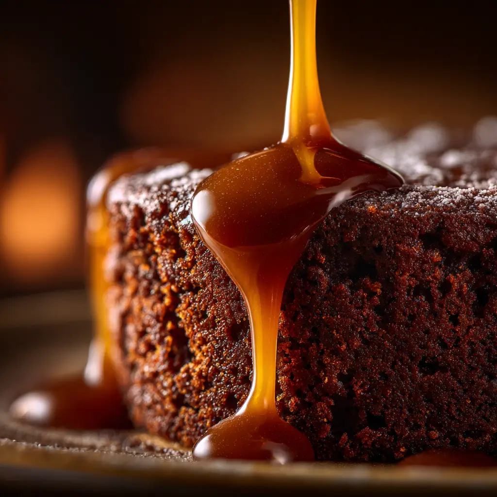 Sticky Toffee Pudding: The Ultimate Recipe for a Perfect British Classic 1 A close-up view of rich, dark toffee sauce being poured over the warm sticky toffee pudding, covering the entire cake in a glossy glaze.