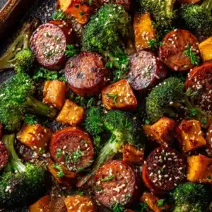 Close-up overhead view of the honey garlic sausage and veggies being tossed in sauce on the sheet pan before roasting.