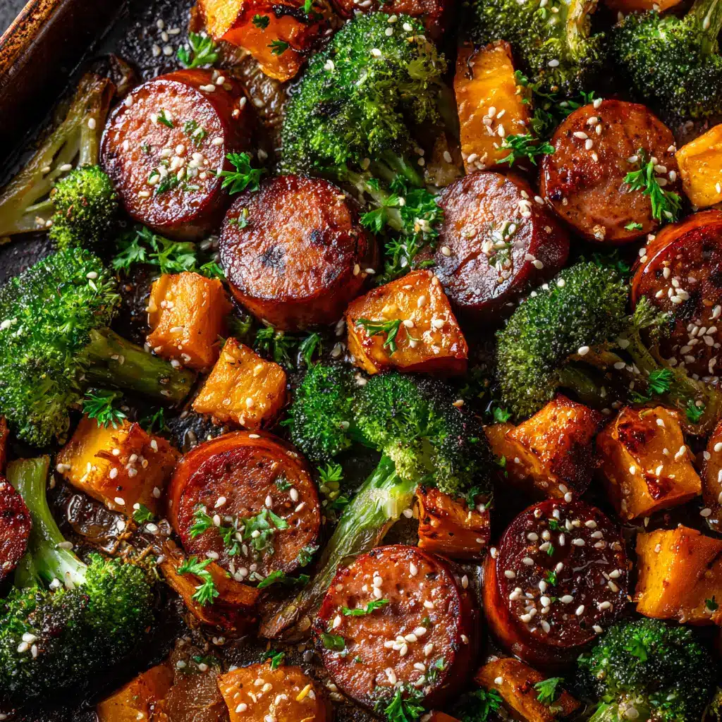 Close-up overhead view of the honey garlic sausage and veggies being tossed in sauce on the sheet pan before roasting.