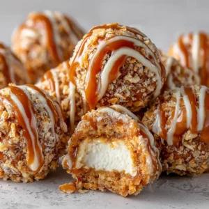 An extreme close-up of a stack of pretzel cheesecake truffles, highlighting the crunchy pretzel topping and smooth chocolate shell.