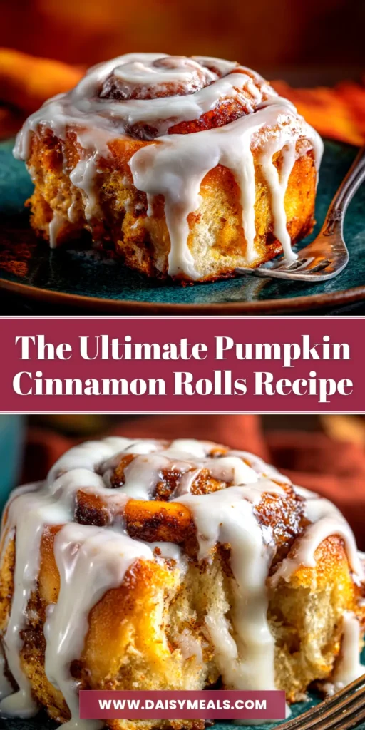 A pan of freshly baked, gooey Pumpkin Cinnamon Rolls topped with a generous amount of cream cheese frosting, with one roll slightly pulled out to show the texture.