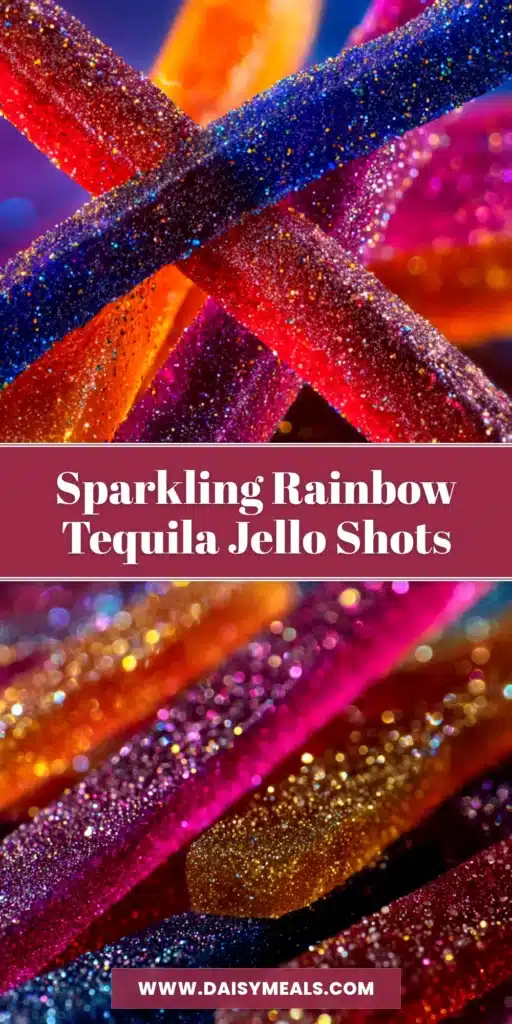 A close-up of vibrant Rainbow Tequila Jello Shots in rectangular blocks, showing perfect, distinct layers of color. The ultimate party recipe.