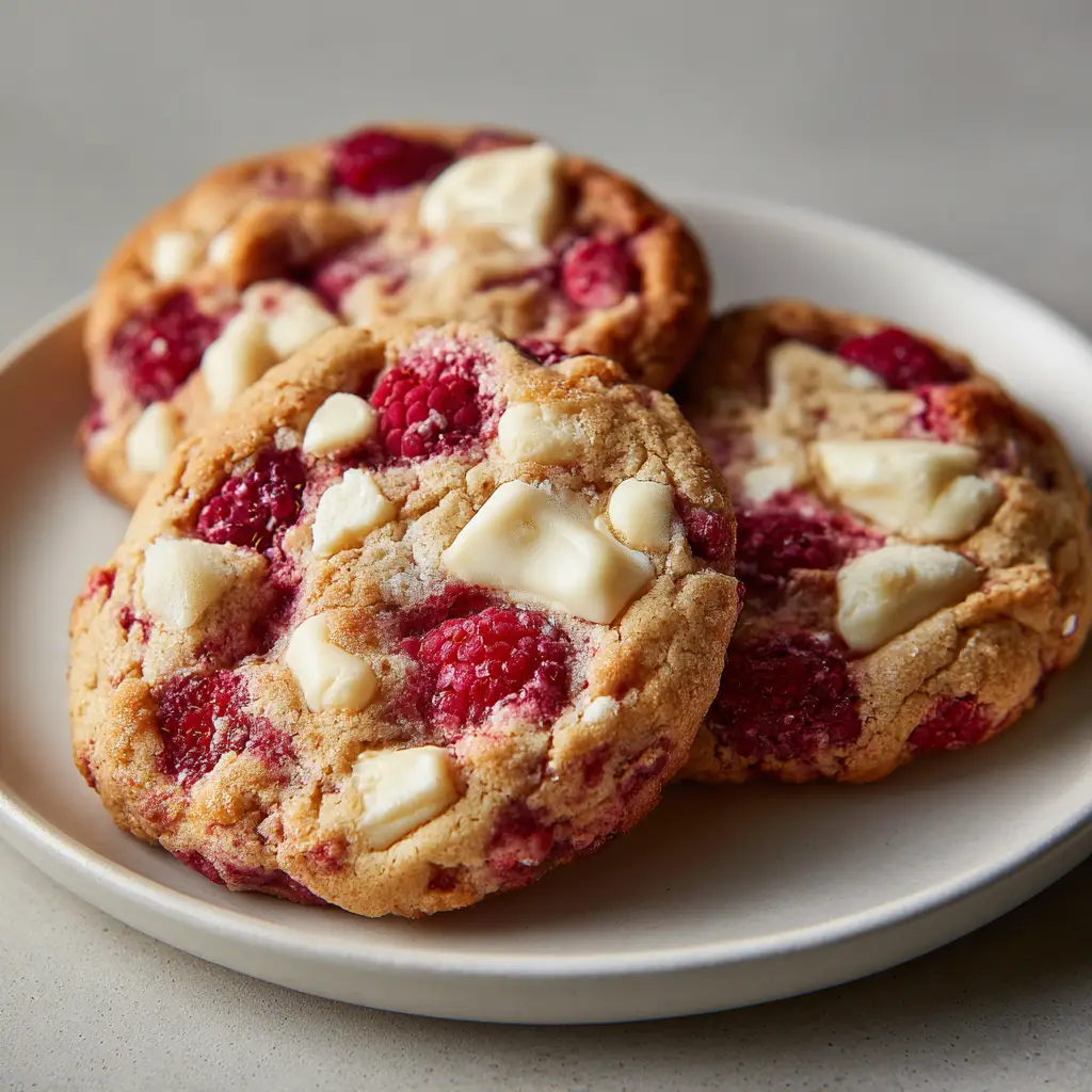 Subway Raspberry Cheesecake Cookies (The Best Copycat Recipe) 2 An extreme close-up of three freshly baked raspberry cheesecake cookies, highlighting the golden edges and gooey raspberry center.