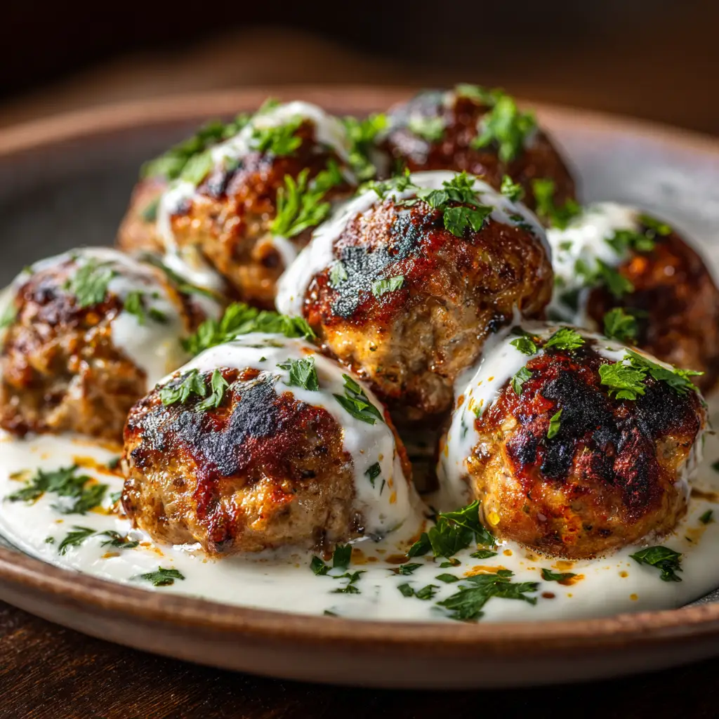 A plate of Middle Eastern chicken kebabs, shaped and ready for cooking, garnished with fresh herbs.