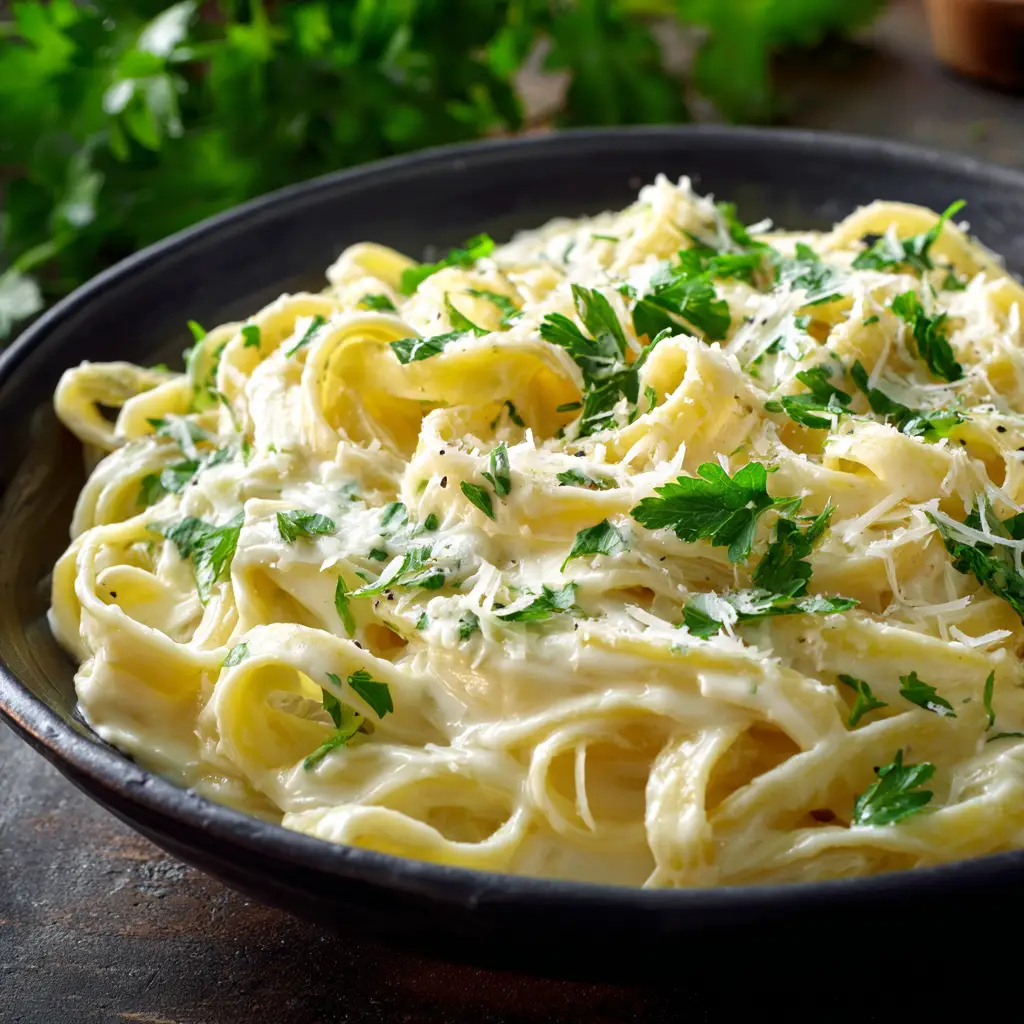 A fork twirling fettuccine pasta from a bowl of homemade alfredo, showcasing the sauce's rich texture.