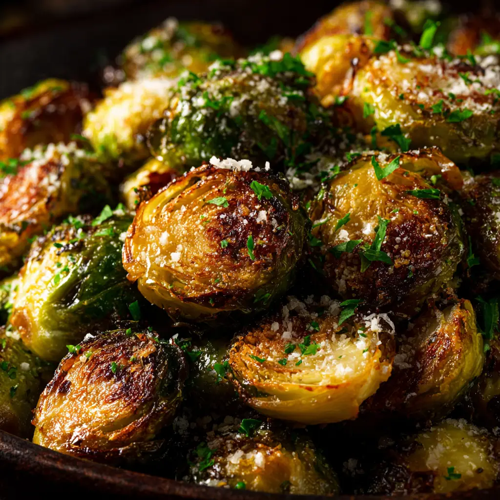 Parmesan Brussels Sprouts: The Ultimate Crispy Recipe 2 An extreme close-up of roasted brussels sprouts with parmesan, showcasing the crispy, caramelized leaves and texture.