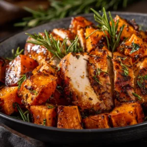 A close-up shot of the roasted sweet potato and chicken bowl, highlighting the texture of the seasoned chicken and caramelized sweet potatoes.