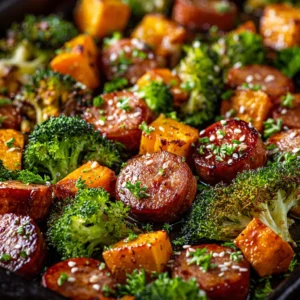 A close-up shot of the roasted sausage and sweet potatoes, showing the delicious caramelization and honey garlic glaze.