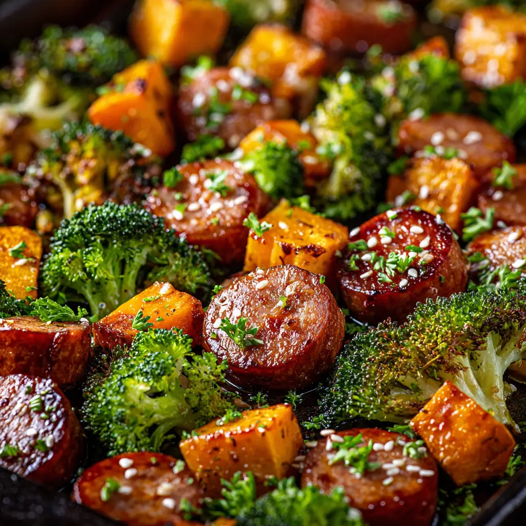A close-up shot of the roasted sausage and sweet potatoes, showing the delicious caramelization and honey garlic glaze.