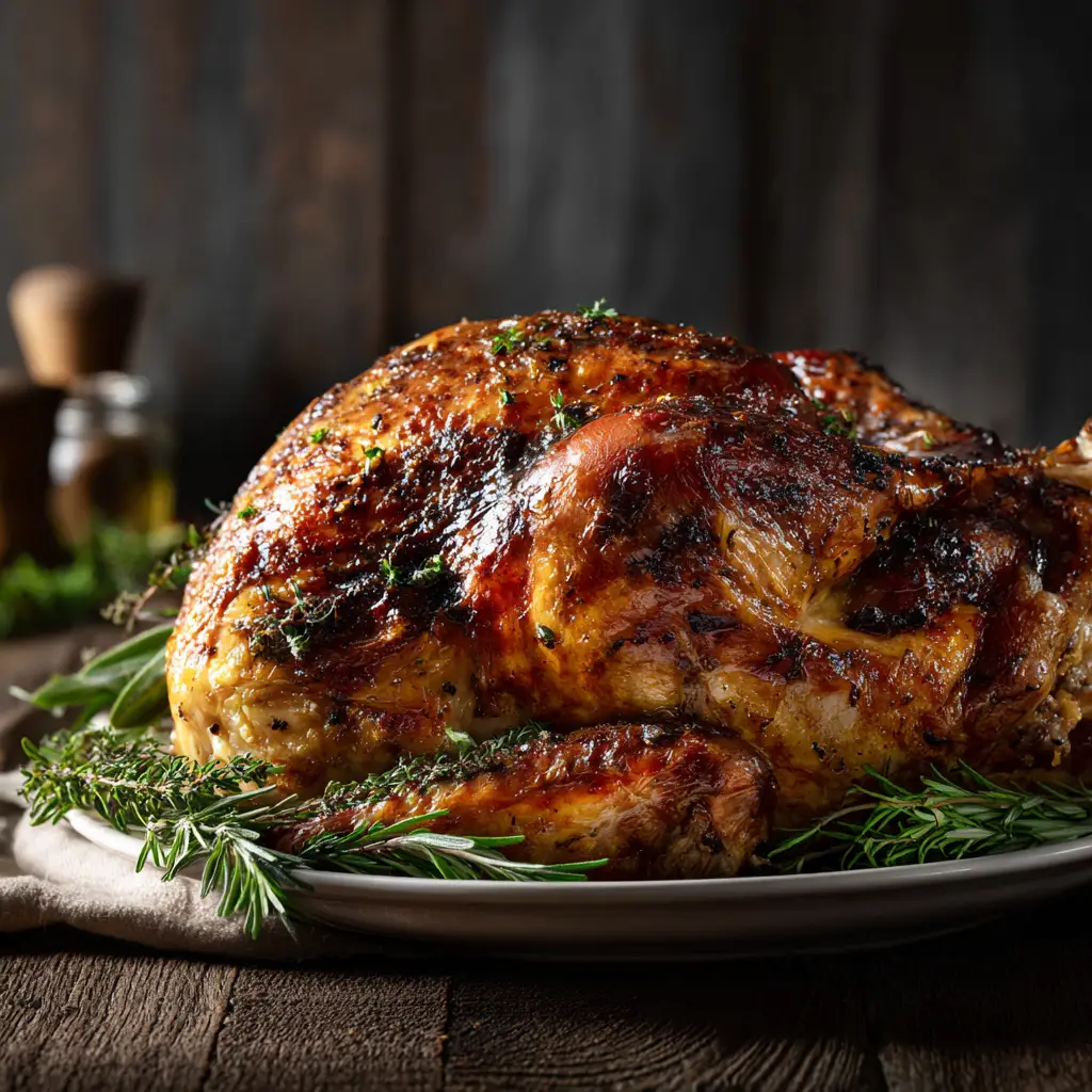 A golden-brown roasted Thanksgiving turkey fresh out of the oven in a roasting pan. The turkey is glistening and perfectly cooked, ready for the holiday table.