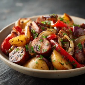 A close-up view of a rustic sausage and potato skillet, showing the perfectly browned sausage and crispy potatoes.