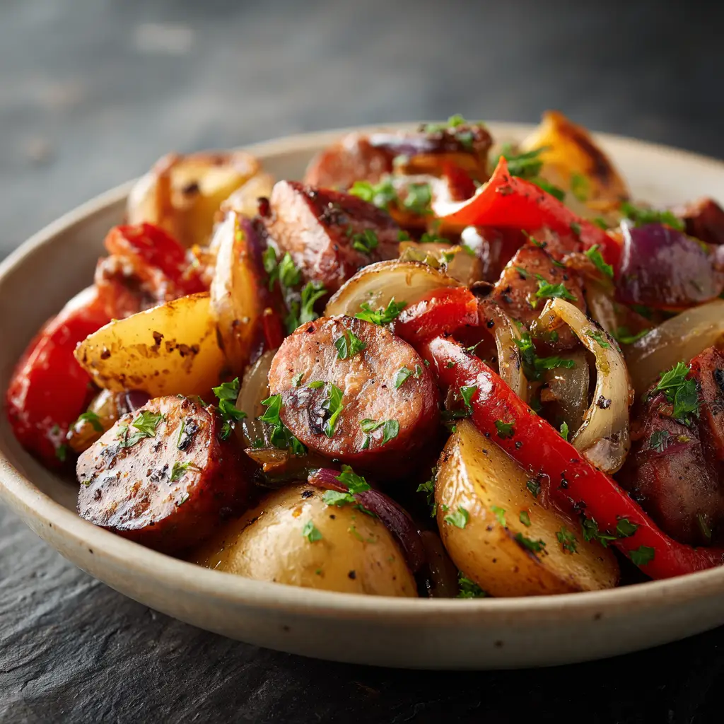 A close-up view of a rustic sausage and potato skillet, showing the perfectly browned sausage and crispy potatoes.