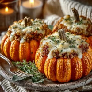A close-up of three sausage stuffed mini pumpkins presented on a rustic wooden board, showcasing the savory filling.