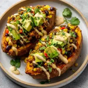 An overhead view of two savory stuffed sweet potatoes, showing the fluffy baked interior filled with a vibrant southwest mixture.