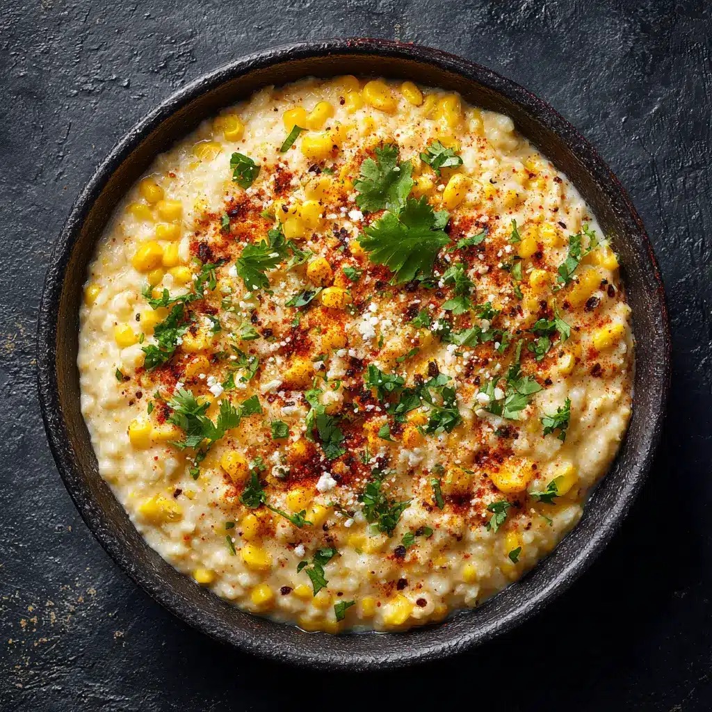 An overhead view of the finished Elote Dip being scooped with a tortilla chip, highlighting its cheesy, creamy texture.