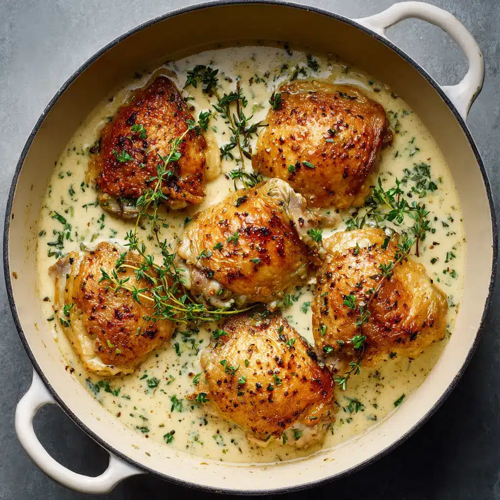 An overhead close-up shot of pan-seared chicken thighs in a skillet, showing off their perfectly crispy, golden-brown skin before the cream sauce is added.