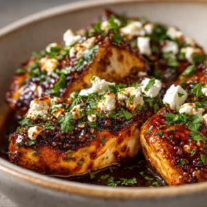 Juicy pan-seared chicken breasts coated in a spicy feta chicken sauce, ready to be glazed.