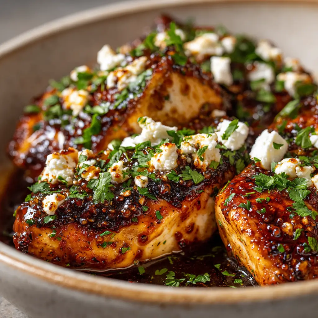 Juicy pan-seared chicken breasts coated in a spicy feta chicken sauce, ready to be glazed.