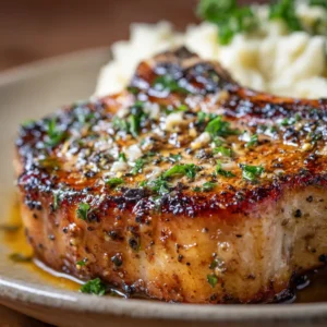 A thick-cut, bone-in pork chop with a golden-brown sear, ready to go into the oven. The key to a flavorful pork chop is a great crust.