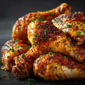 An extreme close-up shot of perfectly seasoned baked chicken legs, emphasizing the spices and crispy skin texture before serving.