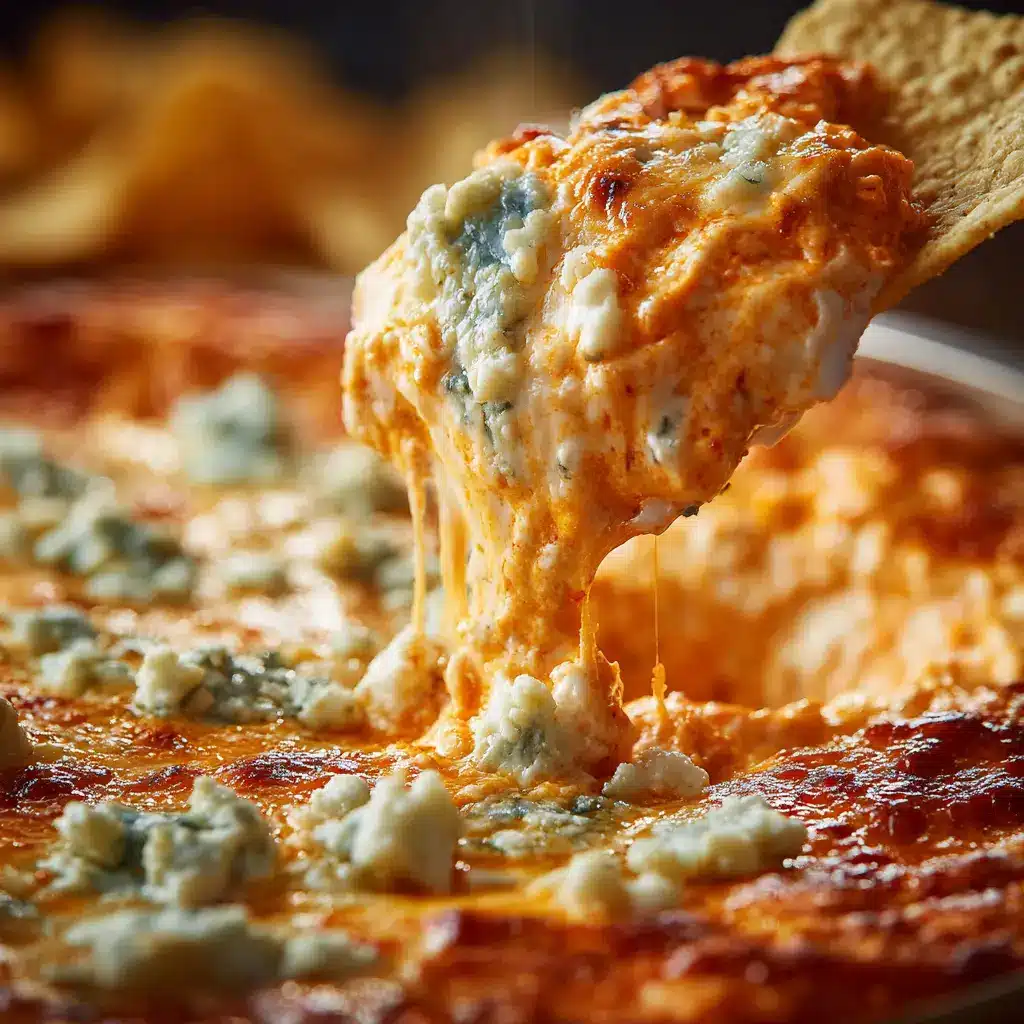 A bowl of finished Buffalo Chicken Dip being scooped with a tortilla chip, ready to be eaten.