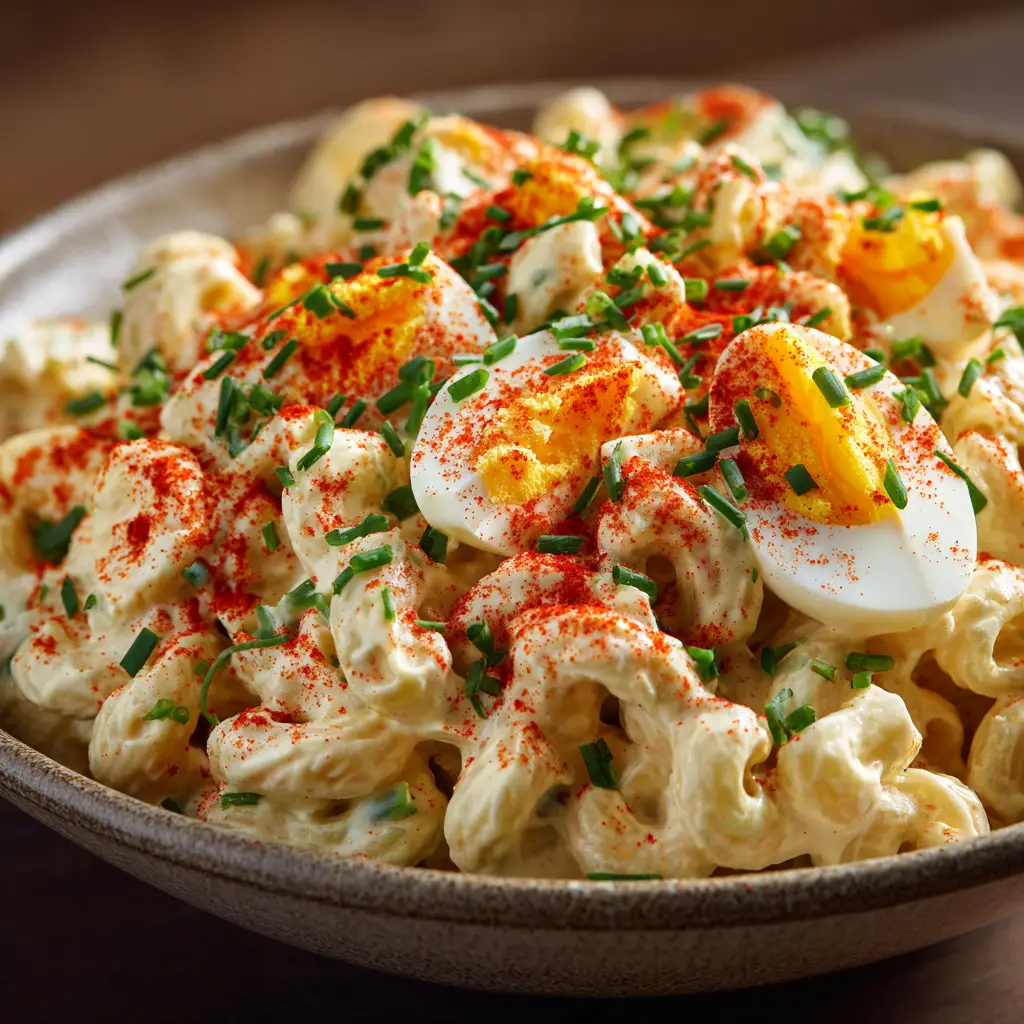 A serving of deviled egg macaroni salad on a plate next to a serving spoon, ready to be enjoyed at a summer picnic.