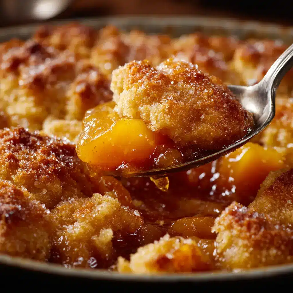 A spoonful of the best peach cobbler being lifted from the dish, showing the soft, cake-like topping and the rich peach filling underneath.