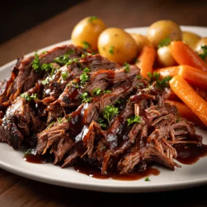 A close-up shot of shredded balsamic glazed beef, showcasing the tender texture and rich, savory glaze. A perfect crock pot beef recipe.