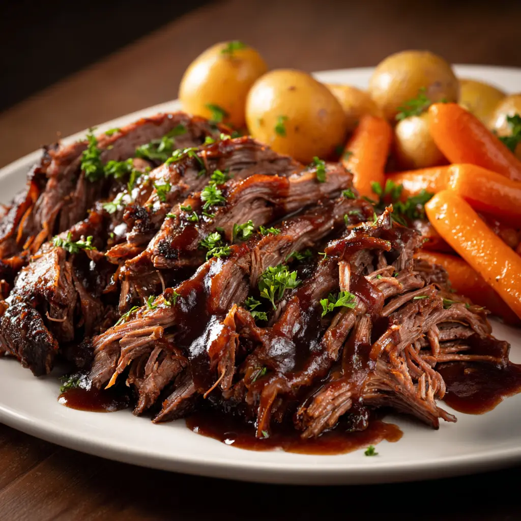 A close-up shot of shredded balsamic glazed beef, showcasing the tender texture and rich, savory glaze. A perfect crock pot beef recipe.