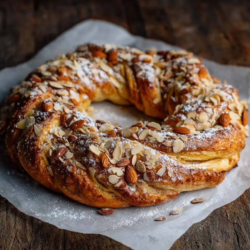 A slice of almond kringle on a plate, revealing the rich almond filling inside the tender, flaky pastry.