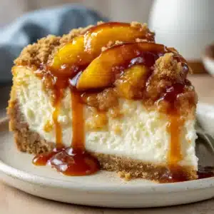 A close-up slice of creamy peach cobbler cheesecake on a white plate, showing the distinct layers of graham cracker crust, cheesecake filling, and peach topping.