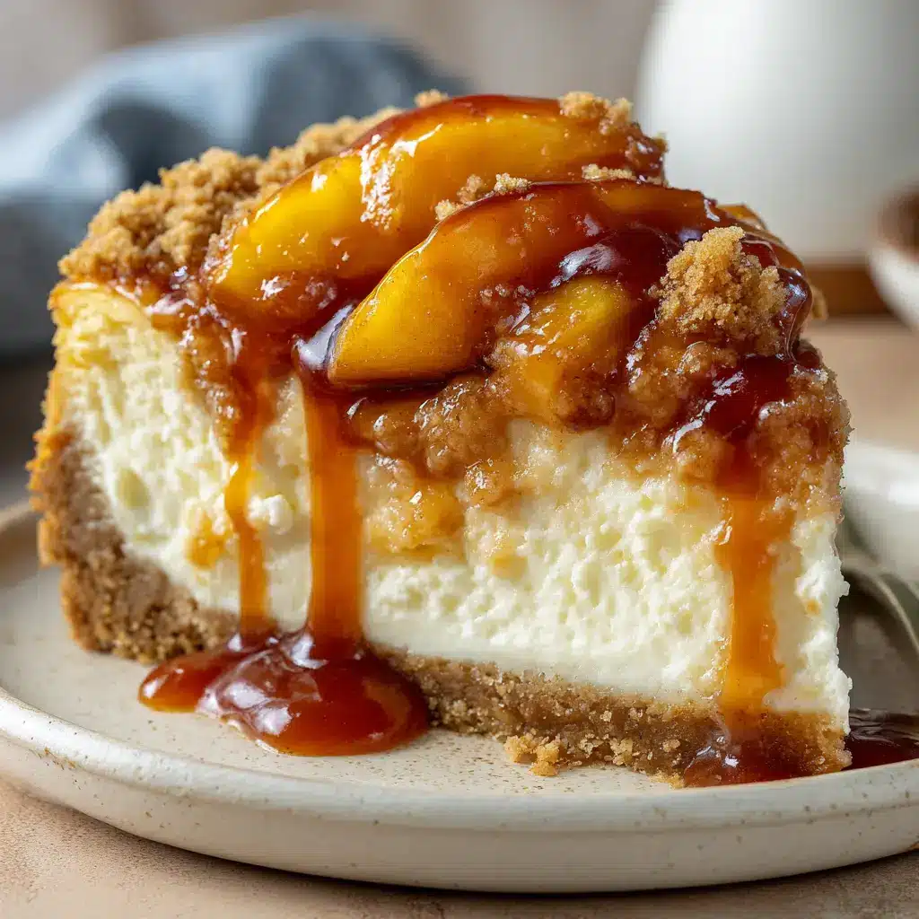 A close-up slice of creamy peach cobbler cheesecake on a white plate, showing the distinct layers of graham cracker crust, cheesecake filling, and peach topping.