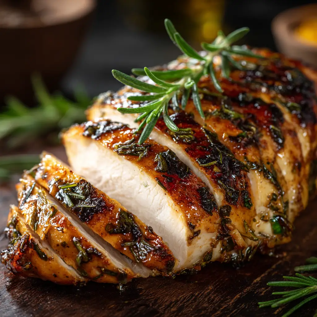 Perfectly seasoned oven-baked chicken breast, sliced to show its juicy and moist interior, ready to be served.