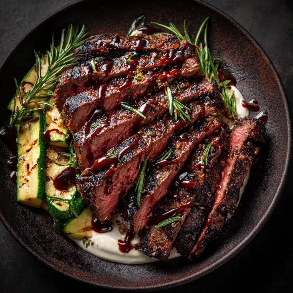 The cooked balsamic flank steak resting on a cutting board, with a knife poised to slice it thinly against the grain.