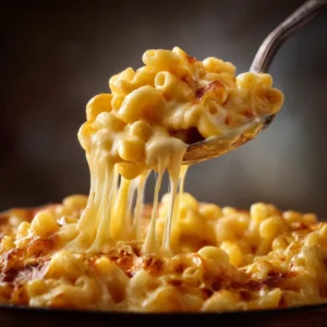 An extreme close-up shot of a spoonful of slow cooker mac and cheese, showing the creamy texture and melted cheese pulls.