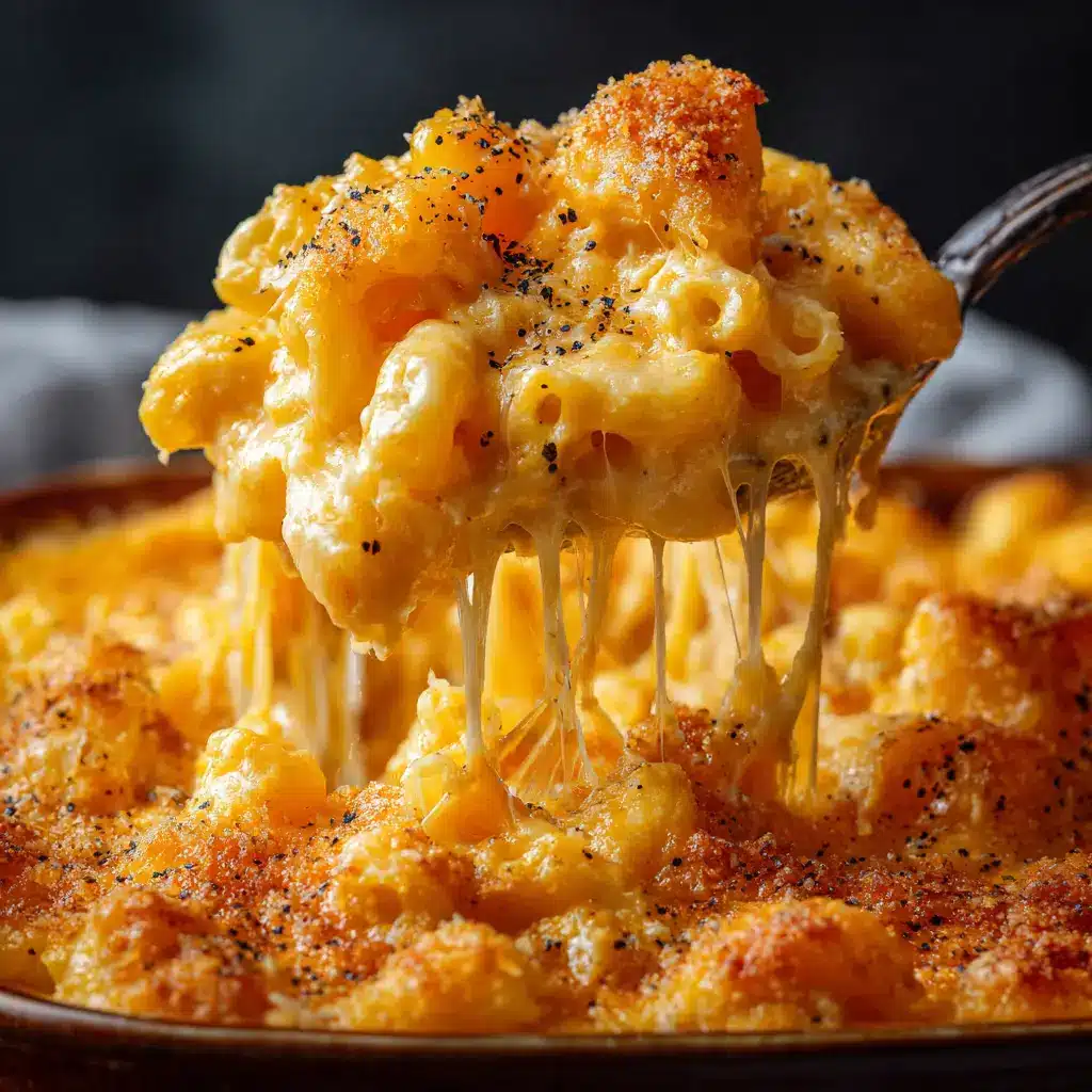 An extreme close-up of a spoonful of creamy slow cooker mac and cheese, showing the rich, velvety cheese sauce coating every noodle.