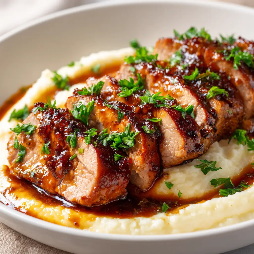 A serving of slow cooker pork tenderloin on a plate with mashed potatoes, demonstrating a complete meal made with this simple pork recipe.