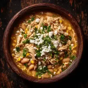 An overhead shot of a rustic bowl filled with creamy slow cooker white chicken chili, garnished with fresh herbs.