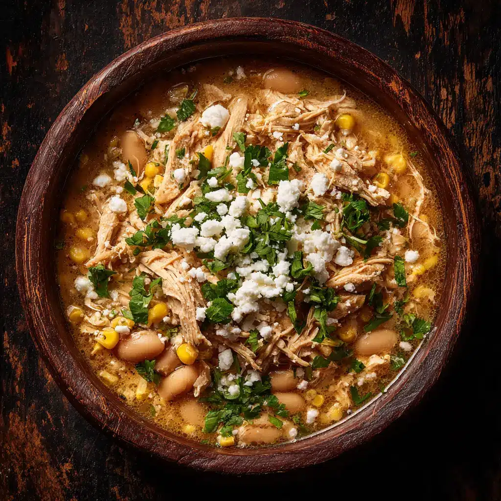 An overhead shot of a rustic bowl filled with creamy slow cooker white chicken chili, garnished with fresh herbs.