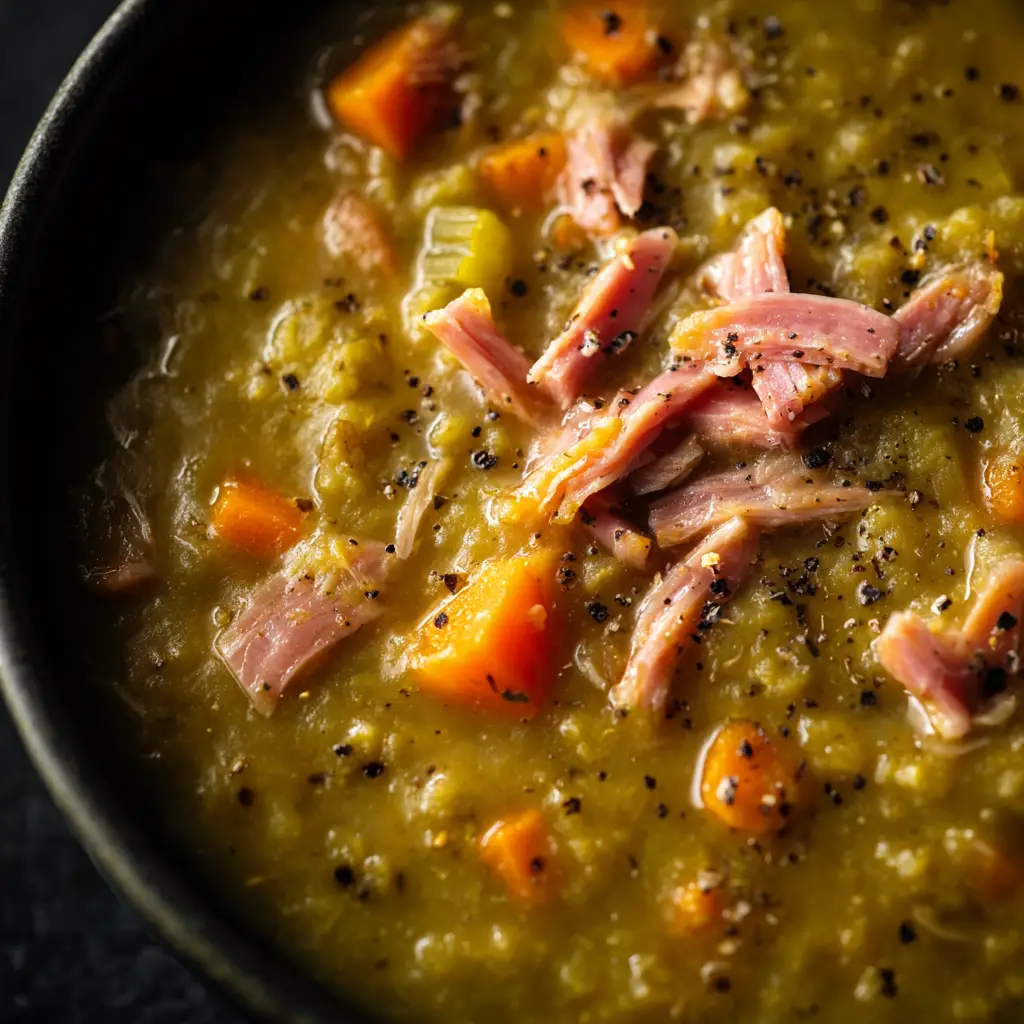 A spoonful of smoky split pea soup with ham bone, showing the tender pieces of ham and soft vegetables in a thick, green soup.