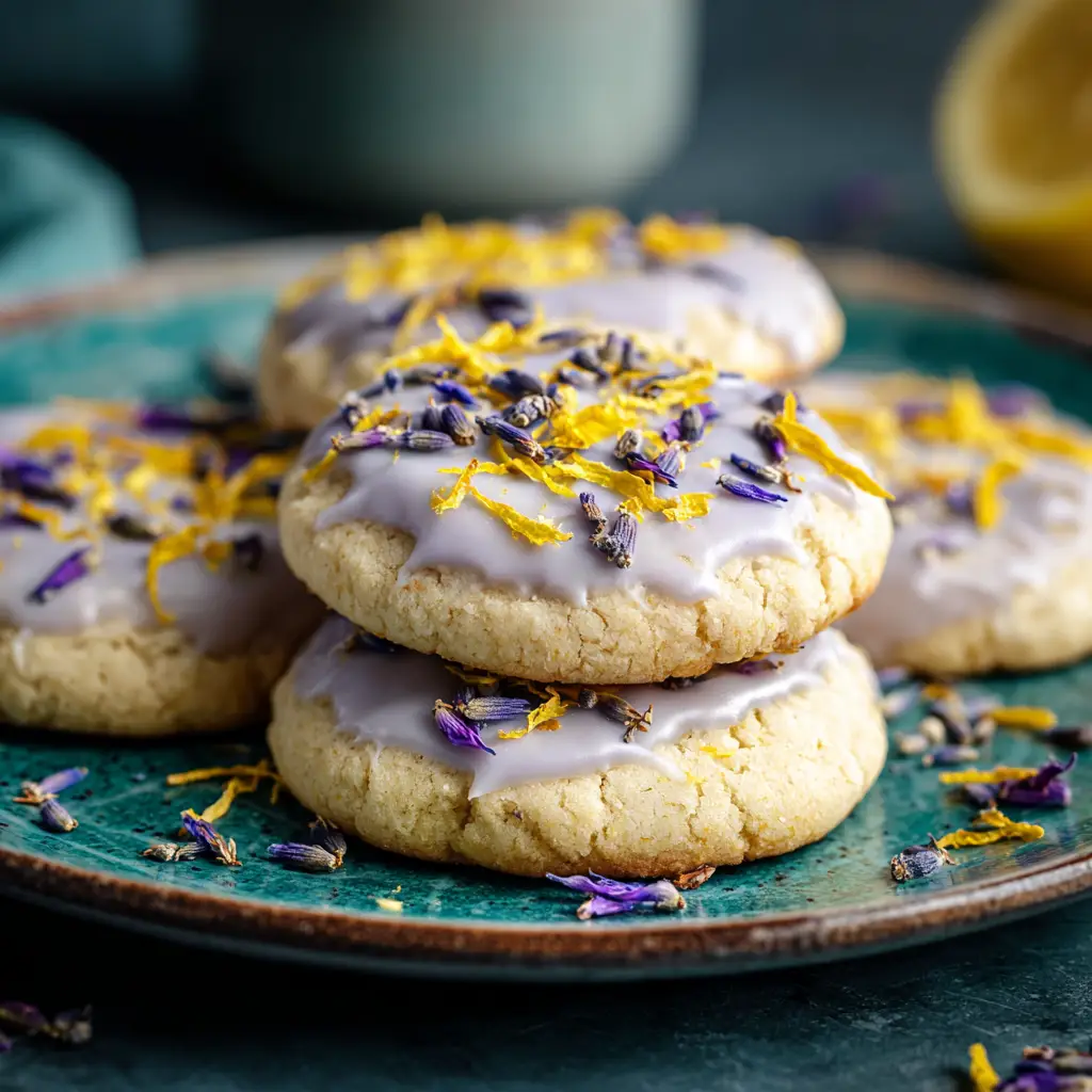 A close-up macro shot of soft-baked lavender sugar cookies, showing their chewy texture and delicate lavender flecks.