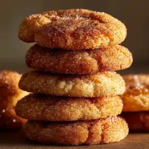 An extreme close-up of a stack of thick, soft-baked snickerdoodle cookies, showing the delicious cinnamon-sugar coating.