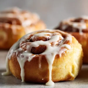 An extreme close-up macro shot of a single sourdough cinnamon roll, highlighting the flaky layers of the dough and the rich, melted cinnamon-sugar filling inside.