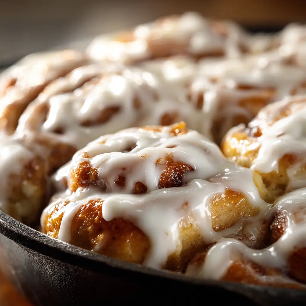 A top-down view of a single sourdough cinnamon roll covered in rich cream cheese icing, emphasizing the decadent topping.