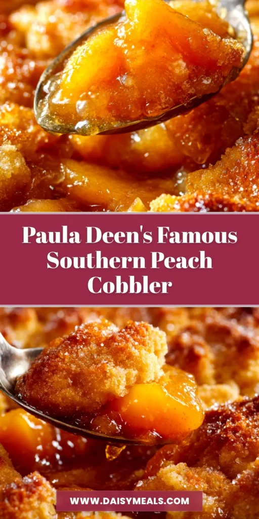 A delicious and easy Southern Peach Cobbler Recipe in a baking dish, with a golden-brown crust and bubbly peach filling. A scoop has been taken out, showing the juicy peaches.